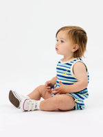 GOLDIE + ACE WAFFLE BUBBLE ROMPER - BLUE STRIPE