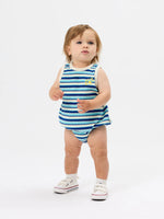 GOLDIE + ACE WAFFLE BUBBLE ROMPER - BLUE STRIPE