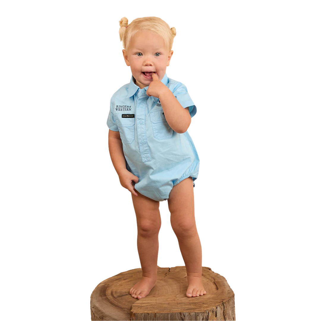 RINGERS WESTERN BABIES  SHORT SLEEVE WORK SHIRT ROMPER - SKY BLUE