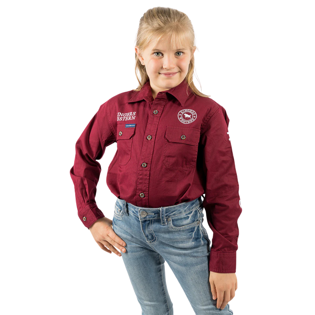 RINGERS WESTERN JACKAROO KIDS LONG SLEEVE FULL BUTTON EMBROIDERED WORKSHIRT - BURGUNDY WITH WHITE EMBROIDERY