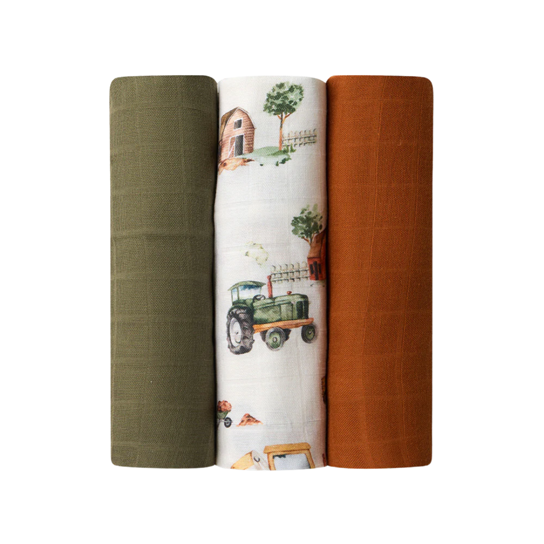 SNUGGLE HUNNY LARGE MUSLIN WRAPS 3 PACK - DIGGERS/OLIVE/BRONZE