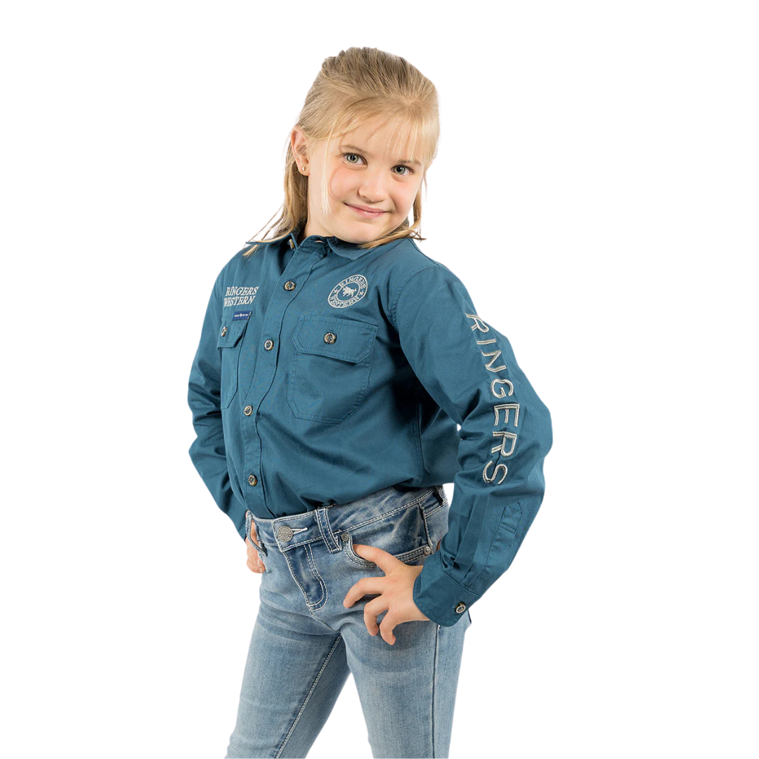 RINGERS WESTERN JACKAROO KIDS LONG SLEEVE FULL BUTTON EMBROIDERED WORKSHIRT - PETROL BLUE / ULTIMATE GREY
