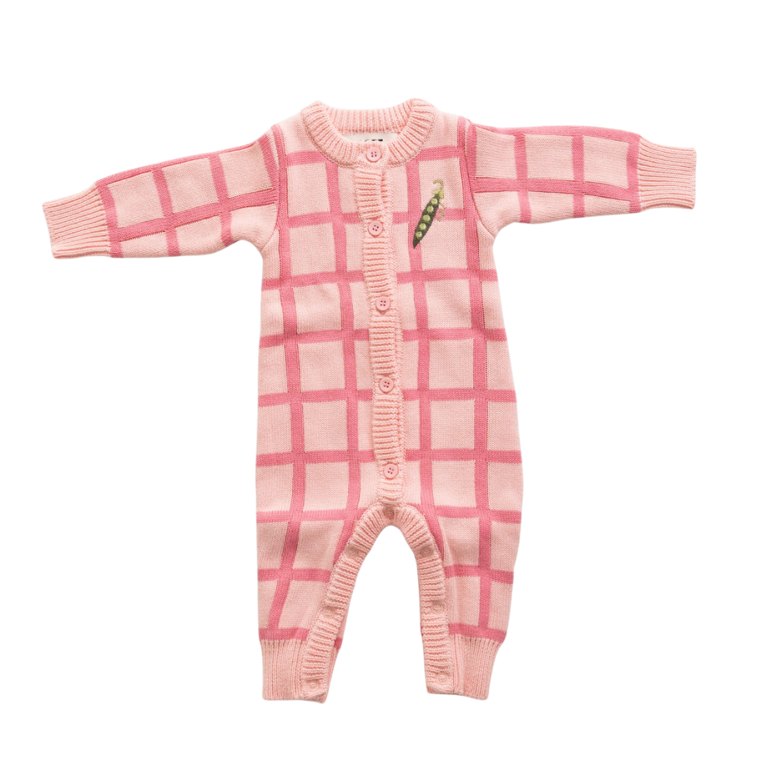 BY GEE COTTON CHECK KNIT ROMPER - PEONY