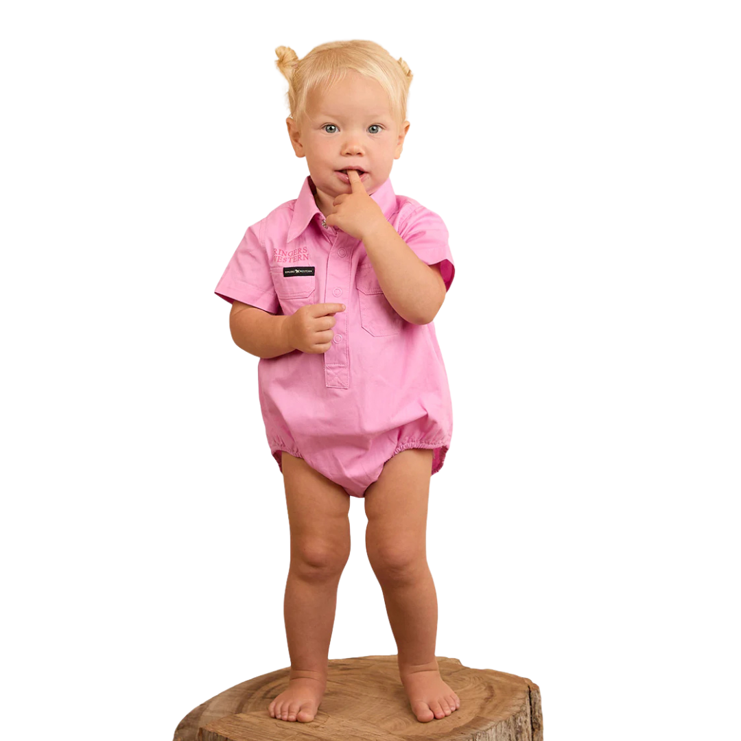 RINGERS WESTERN BABIES  SHORT SLEEVE WORK SHIRT ROMPER - PASTEL PINK