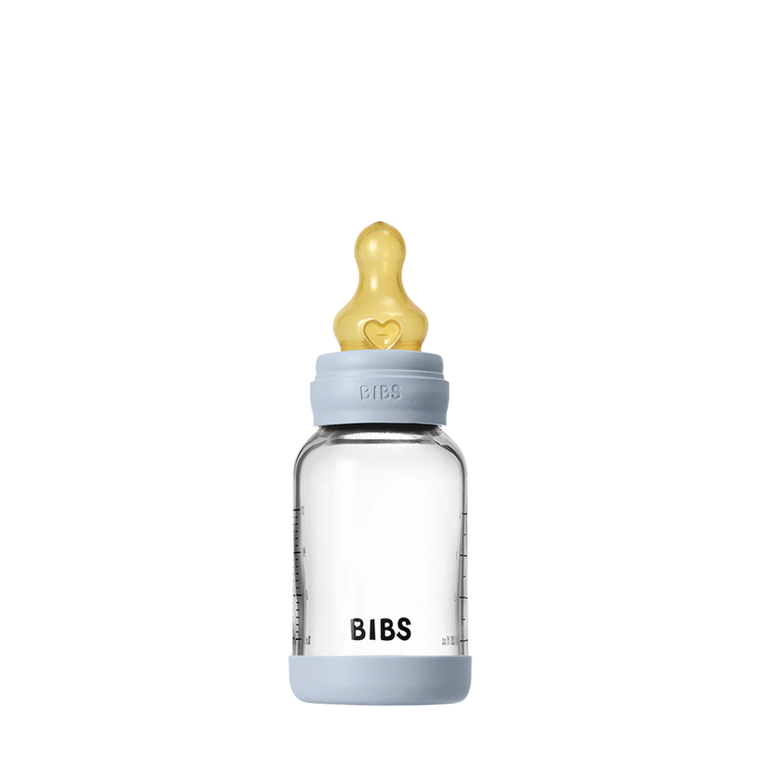 BIBS GLASS BABY BOTTLE COMPLETE SET LATEX - BABY BLUE