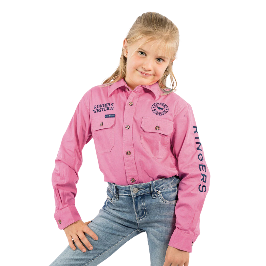RINGERS WESTERN JACKAROO KIDS LONG SLEEVE FULL BUTTON EMBROIDERED WORKSHIRT - PASTEL PINK / NAVY