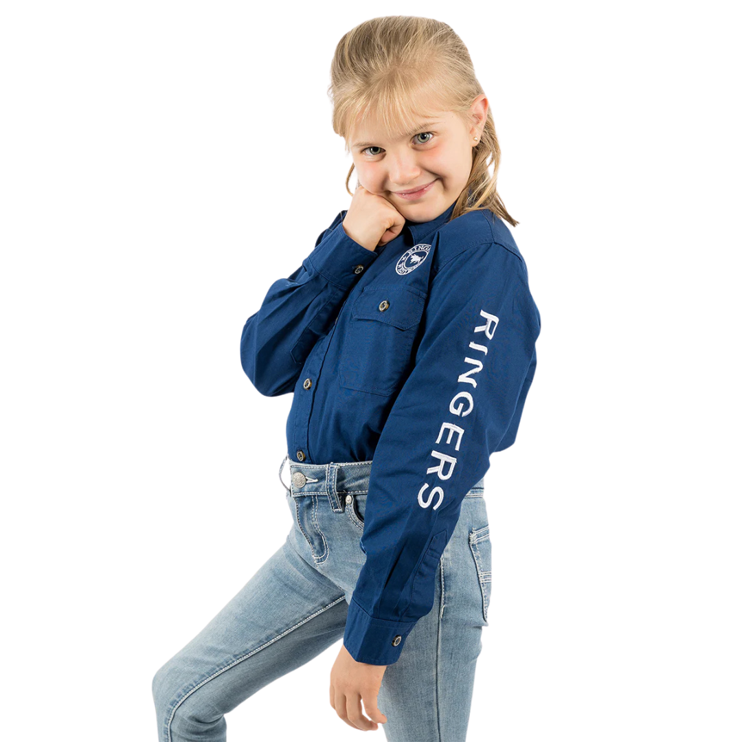 RINGERS WESTERN JACKAROO KIDS LONG SLEEVE FULL BUTTON EMBROIDERED WORKSHIRT - NAVY WITH WHITE EMBROIDERY