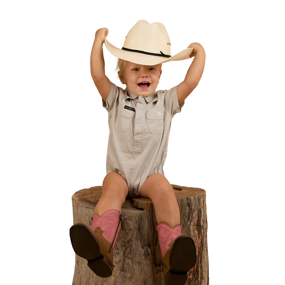 RINGERS WESTERN BABIES  SHORT SLEEVE WORK SHIRT ROMPER - BEIGE