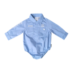 RINGERS WESTERN HOWDY TOT BABIES LONG SLEEVE WORKSHIRT ROMPER - BLUE / WHITE