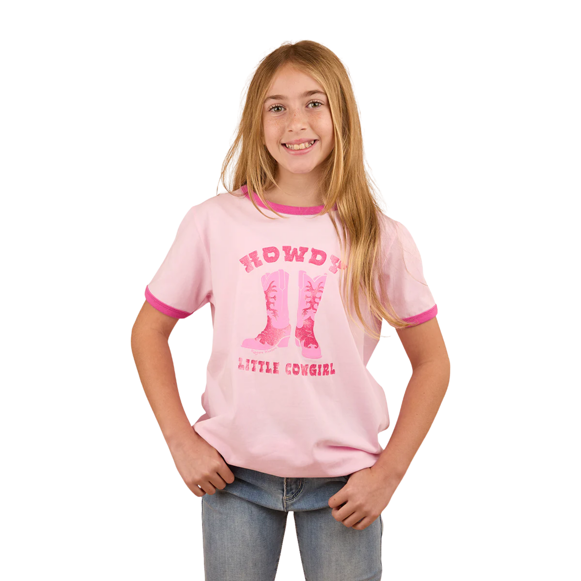 HOWDY COWGIRL KIDS RINGER T-SHIRT - BALLET PINK