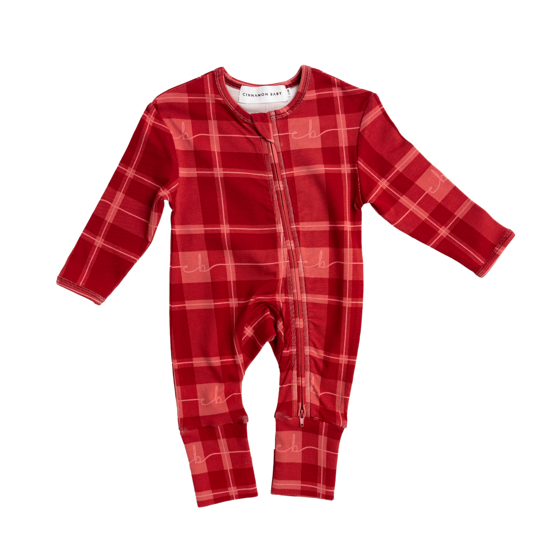 CINNAMON BABY PLAID GROWSUIT - RED