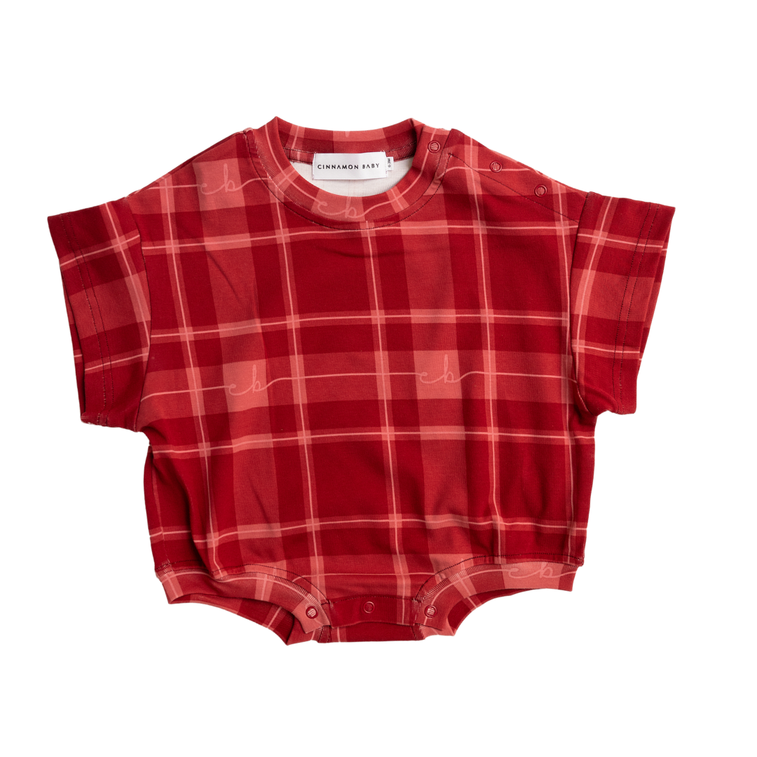 CINNAMON BABY PLAID T-SHIRT ROMPER - RED