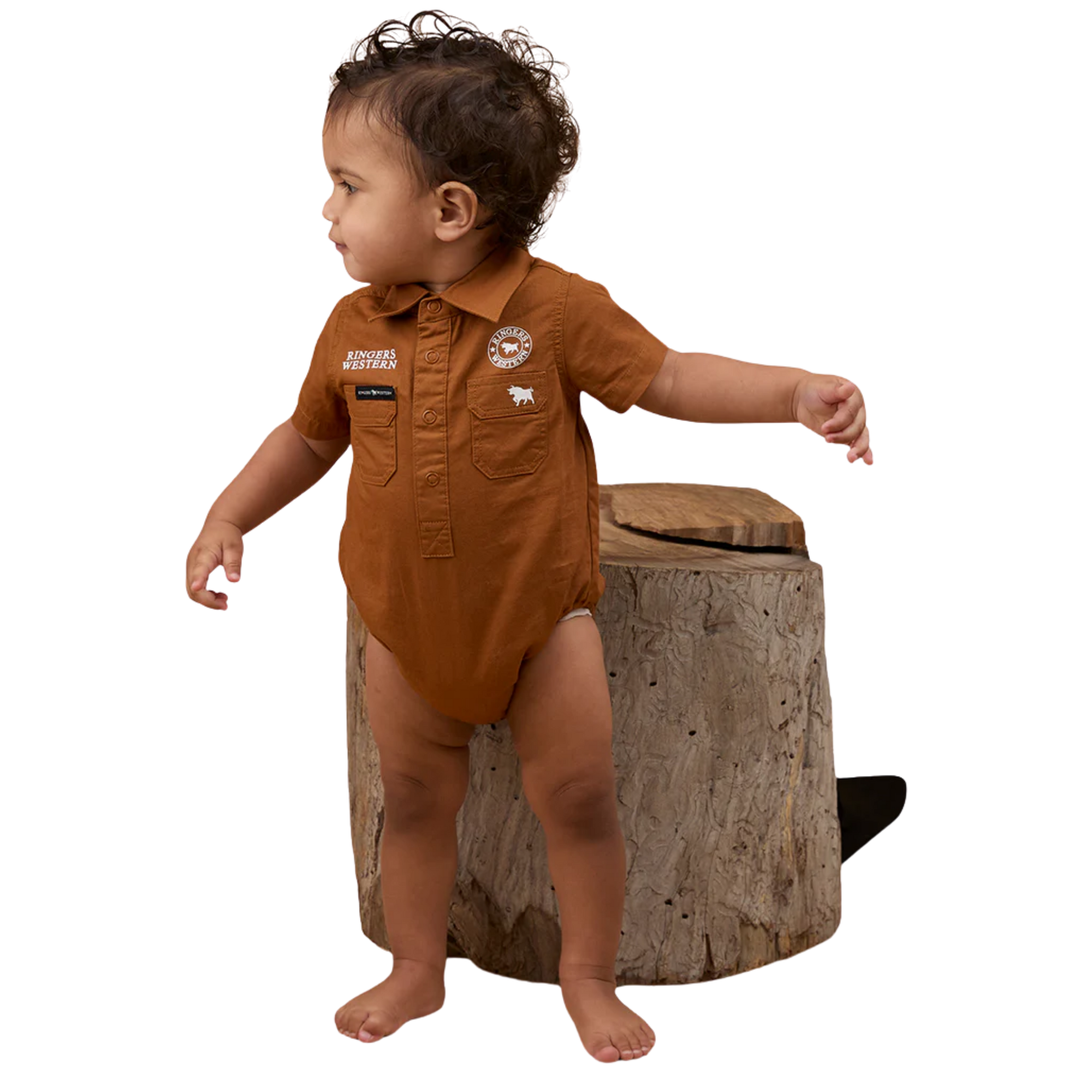 RINGERS WESTERN SHORT SLEEVE WORK SHIRT ROMPER - TOBACCO / WHITE