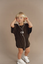 CINNAMON BABY TERRY TRACK T-SHIRT ROMPER - UMBER