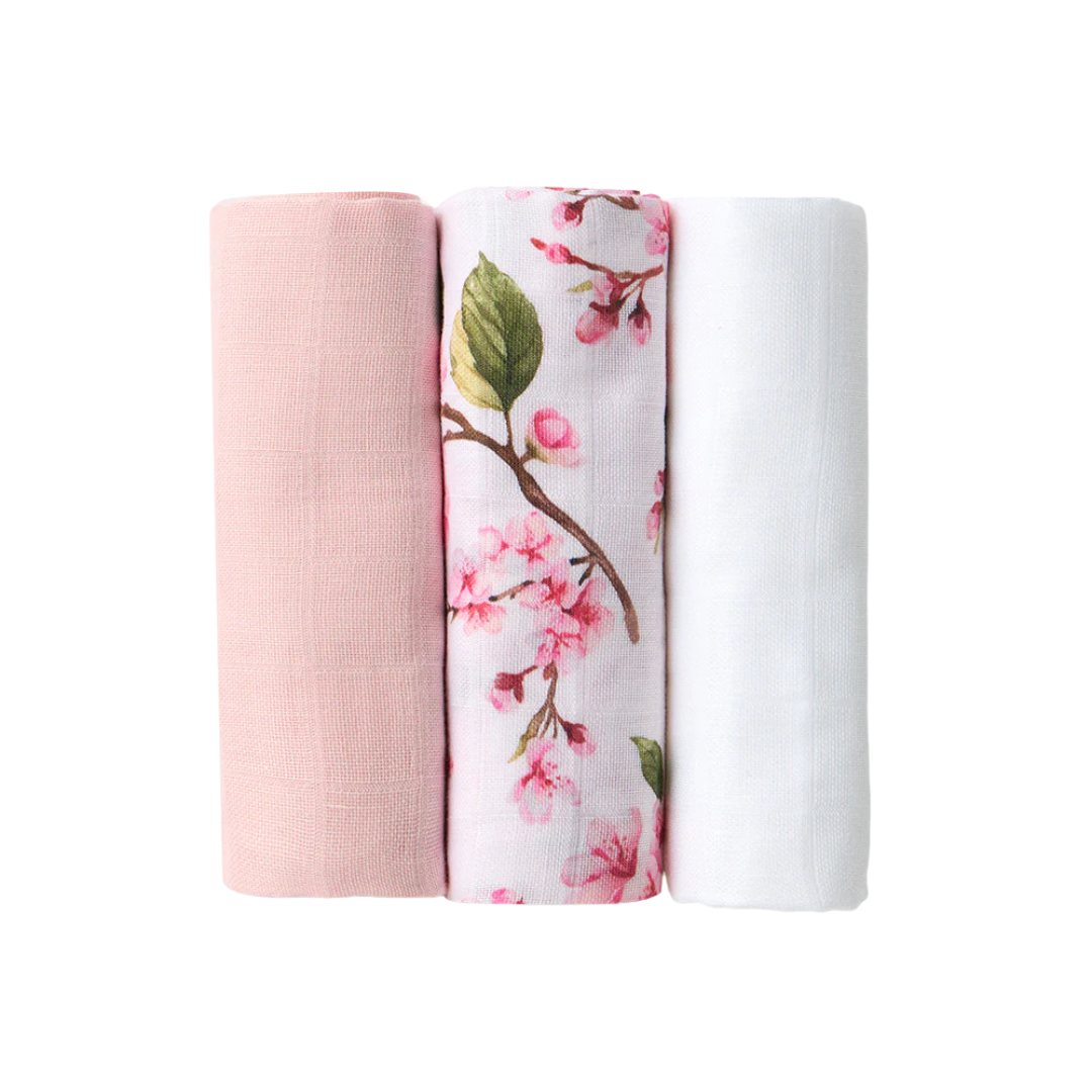 SNUGGLE HUNNY SMALL MUSLIN CLOTHS 3 PACK - CHERRY BLOSSOM/MILK/FAIRYTALE