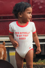 RINGERS WESTERN FIRST RODEO BABY SHORT SLEEVE ROMPER - OFF WHITE / RED