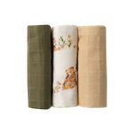 SNUGGLE HUNNY SMALL MUSLIN CLOTHS 3 PACK - BEARS/OLIVE/PEBBLE