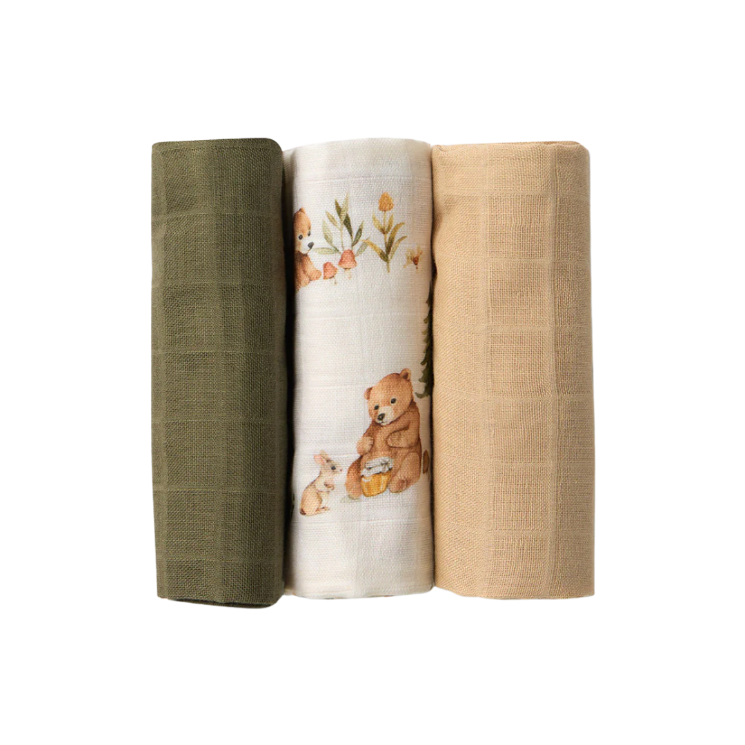 SNUGGLE HUNNY SMALL MUSLIN CLOTHS 3 PACK - BEARS/OLIVE/PEBBLE