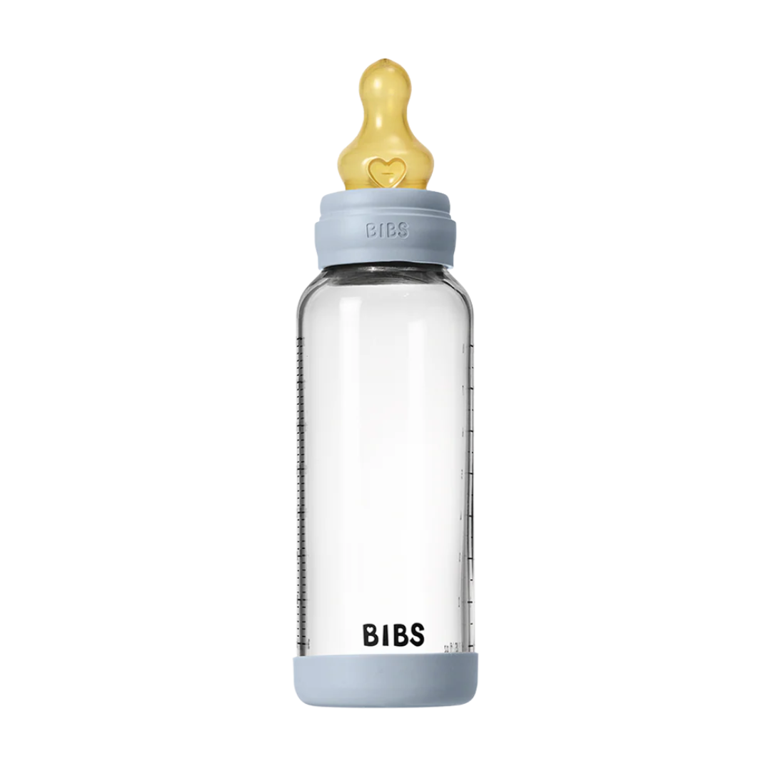 BIBS GLASS BABY BOTTLE COMPLETE SET LATEX - BABY BLUE