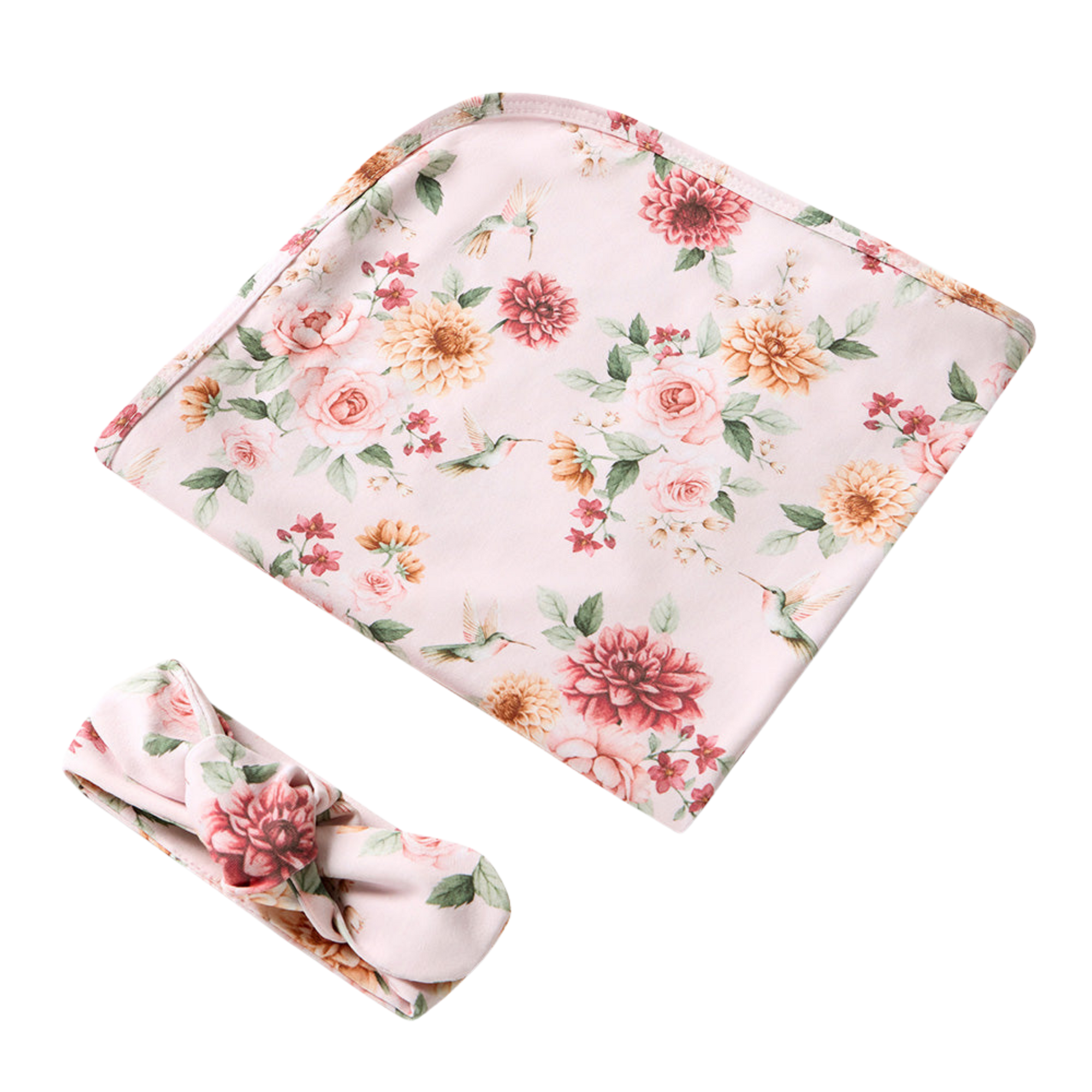 SNUGGLE HUNNY BIRDS & BLOOMS JERSEY WRAP & TOPKNOT SET