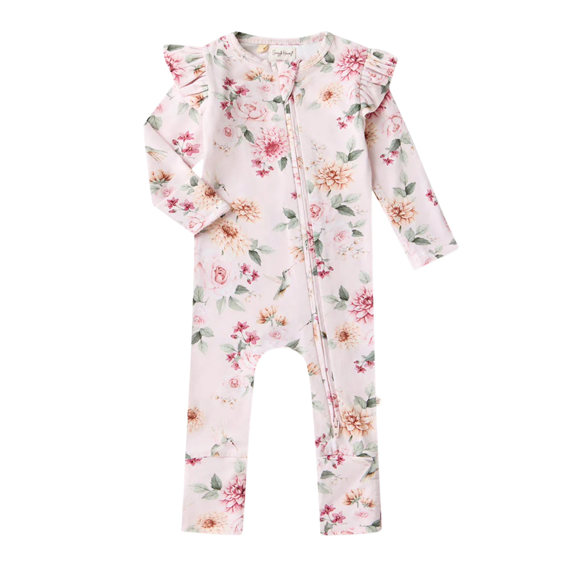 SNUGGLE HUNNY BIRDS & BLOOMS SNUGGLESUIT CONVERTIBLE ROMPER WITH FRILL
