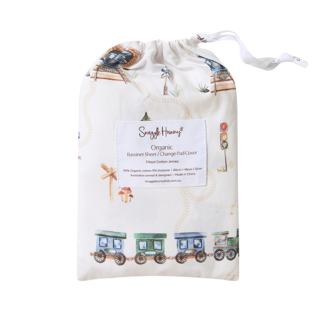 SNUGGLE HUNNY TRAINS ORGANIC BASSINET SHEET / CHANGE PAD COVER