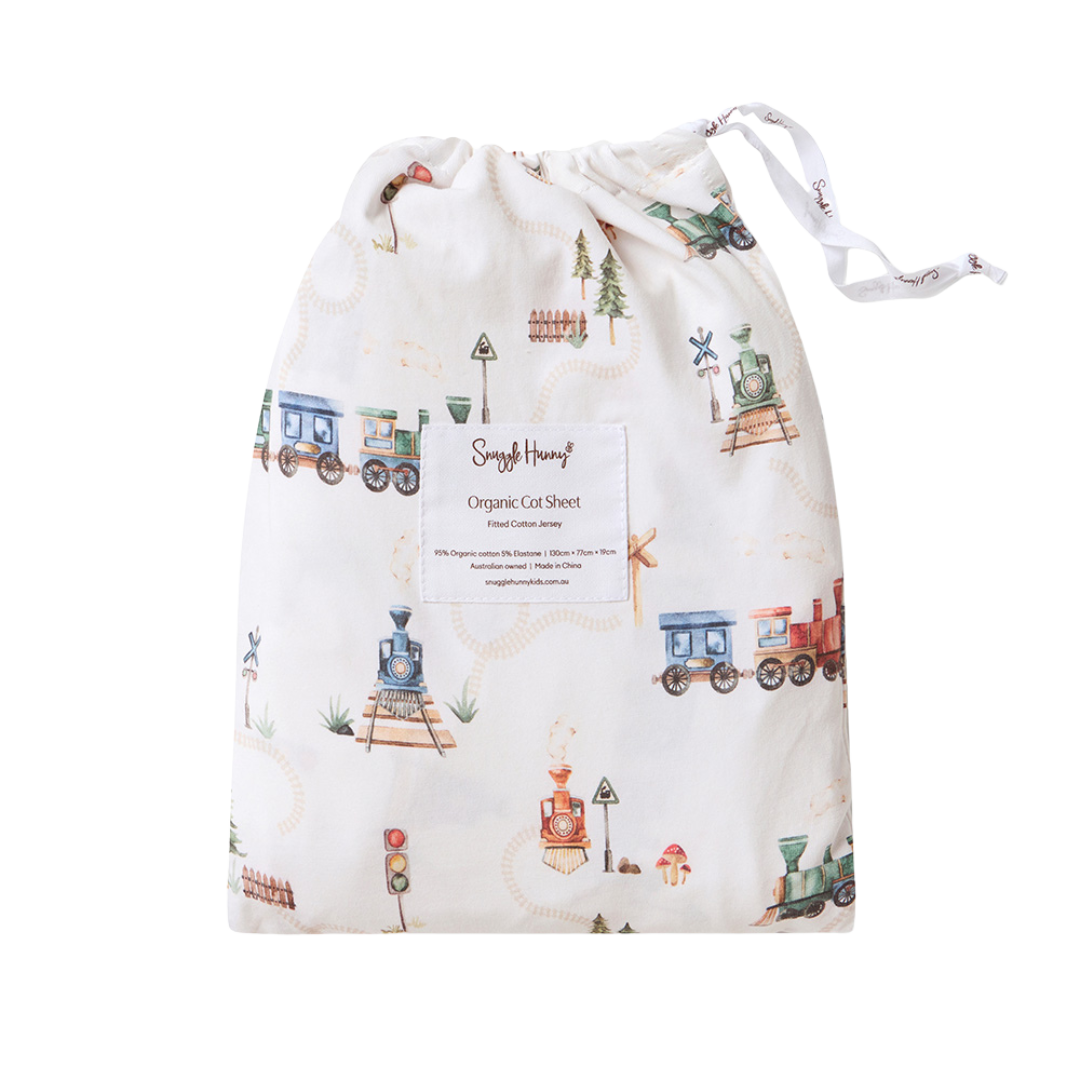 SNUGGLE HUNNY TRAINS ORGANIC FITTED COT SHEET