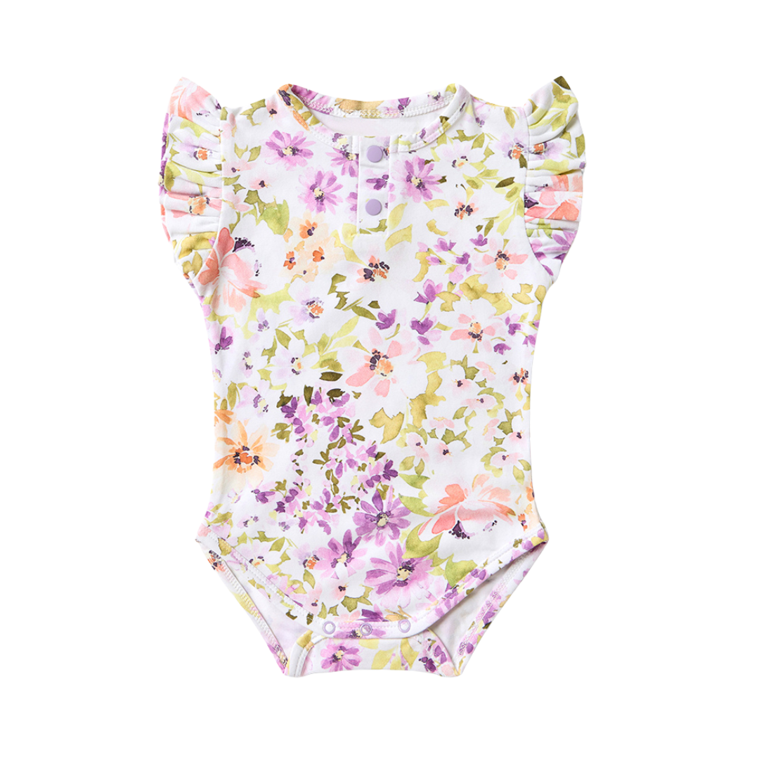 SNUGGLE HUNNY LAVENDER SHORT SLEEVE ORGANIC BODYSUIT WITH FRILL