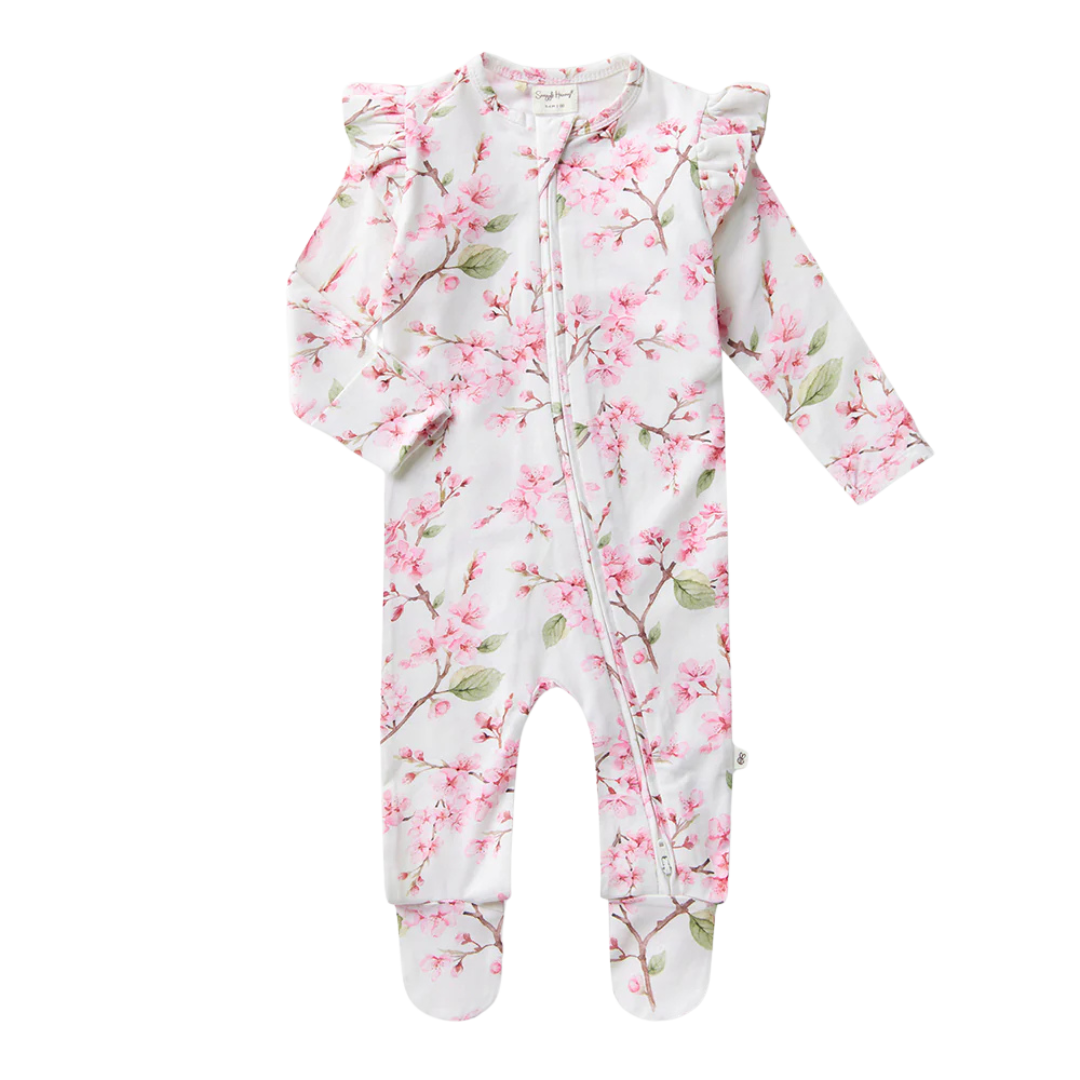 SNUGGLE HUNNY CHERRY BLOSSOM SLEEPSUIT ZIP FOOTIE WITH FRILL