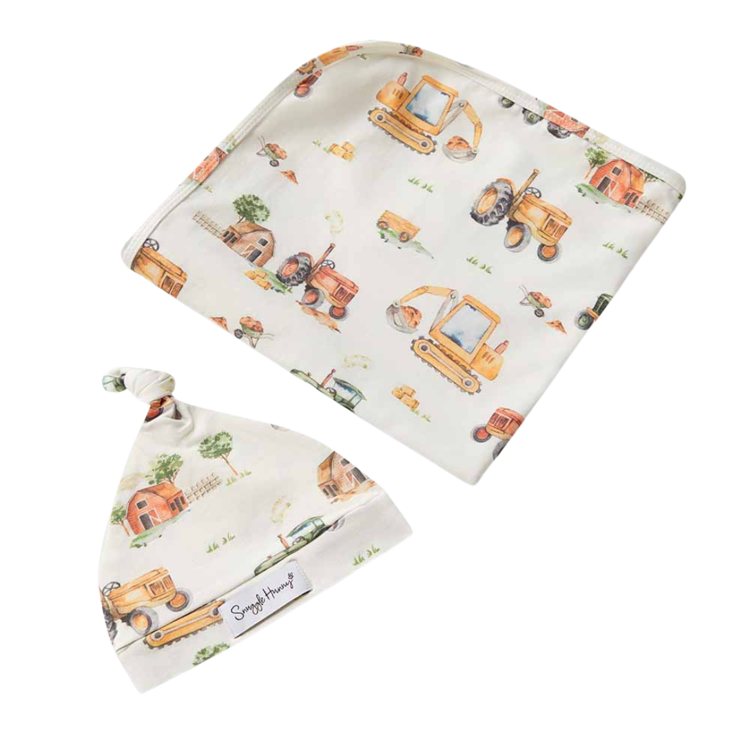 SNUGGLE HUNNY DIGGERS & TRACTORS JERSEY WRAP & BEANIE SET