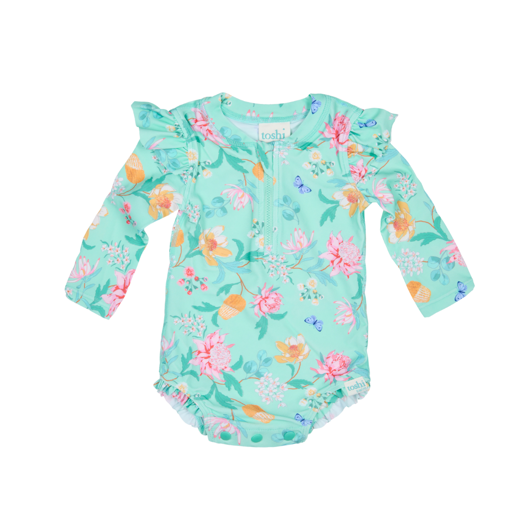 TOSHI SWIM ONESIE LONG SLEEVE RIPPLE WARATAH MINT