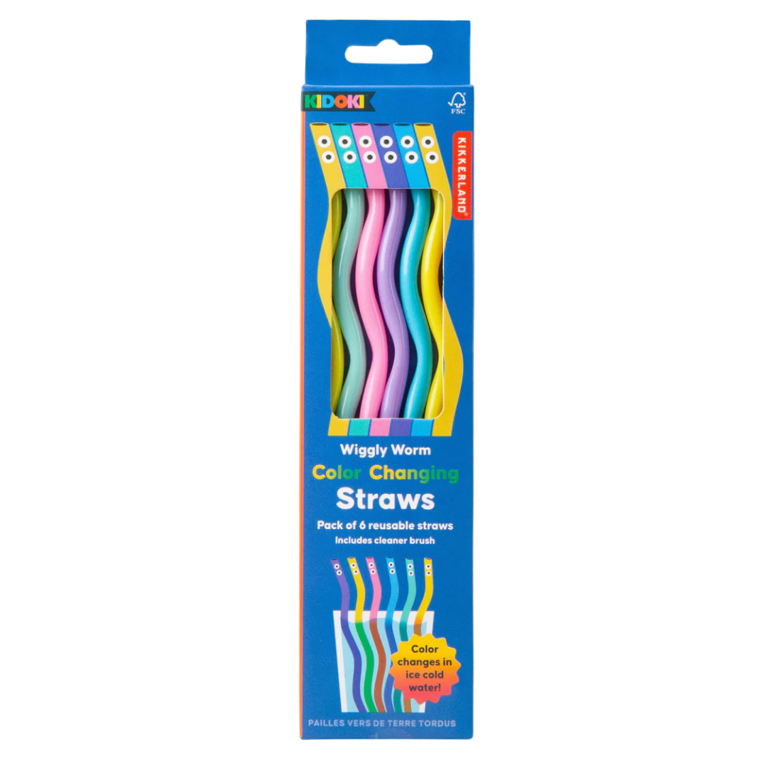 KIKKERLAND WIGGLY WORM COLOUR CHANGING STRAWS - 6PCS SET
