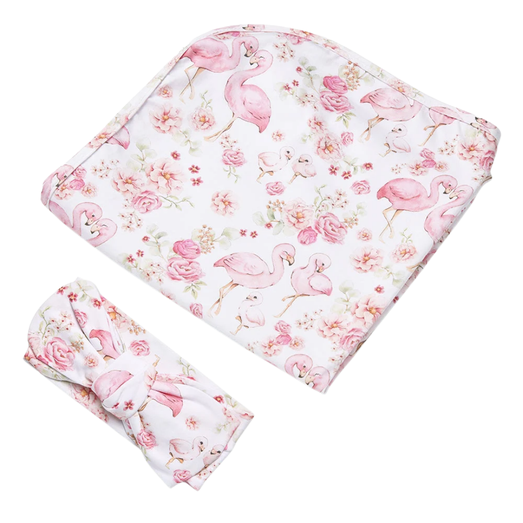 SNUGGLE HUNNY FLAMINGOS JERSEY WRAP & TOPKNOT SET