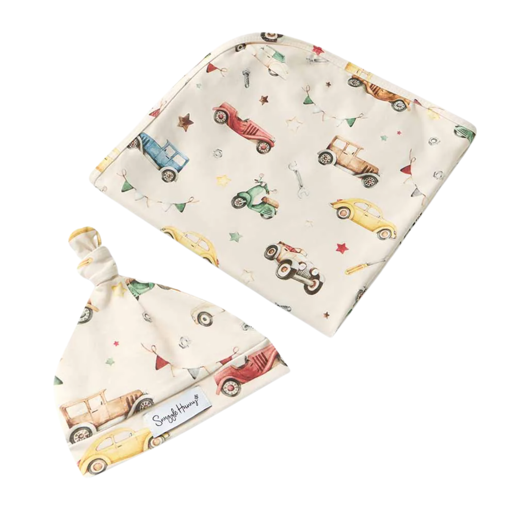 SNUGGLE HUNNY VINTAGE CARS JERSEY WRAP & BEANIE SET