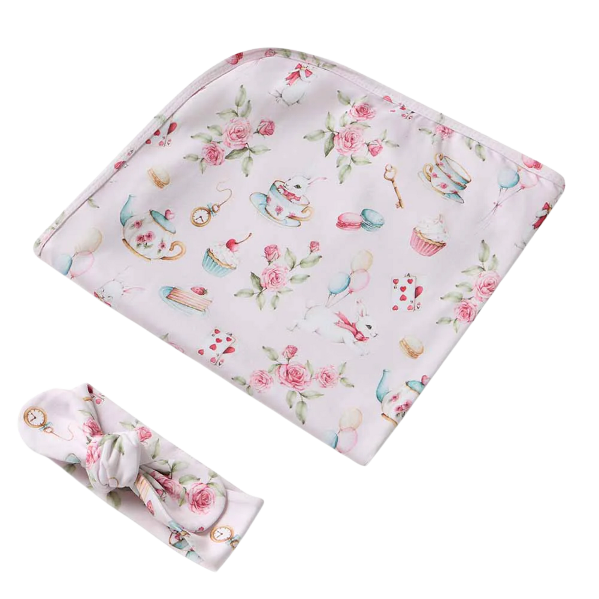 SNUGGLE HUNNY ALICE'S TEA PARTY JERSEY WRAP & TOPKNOT SET