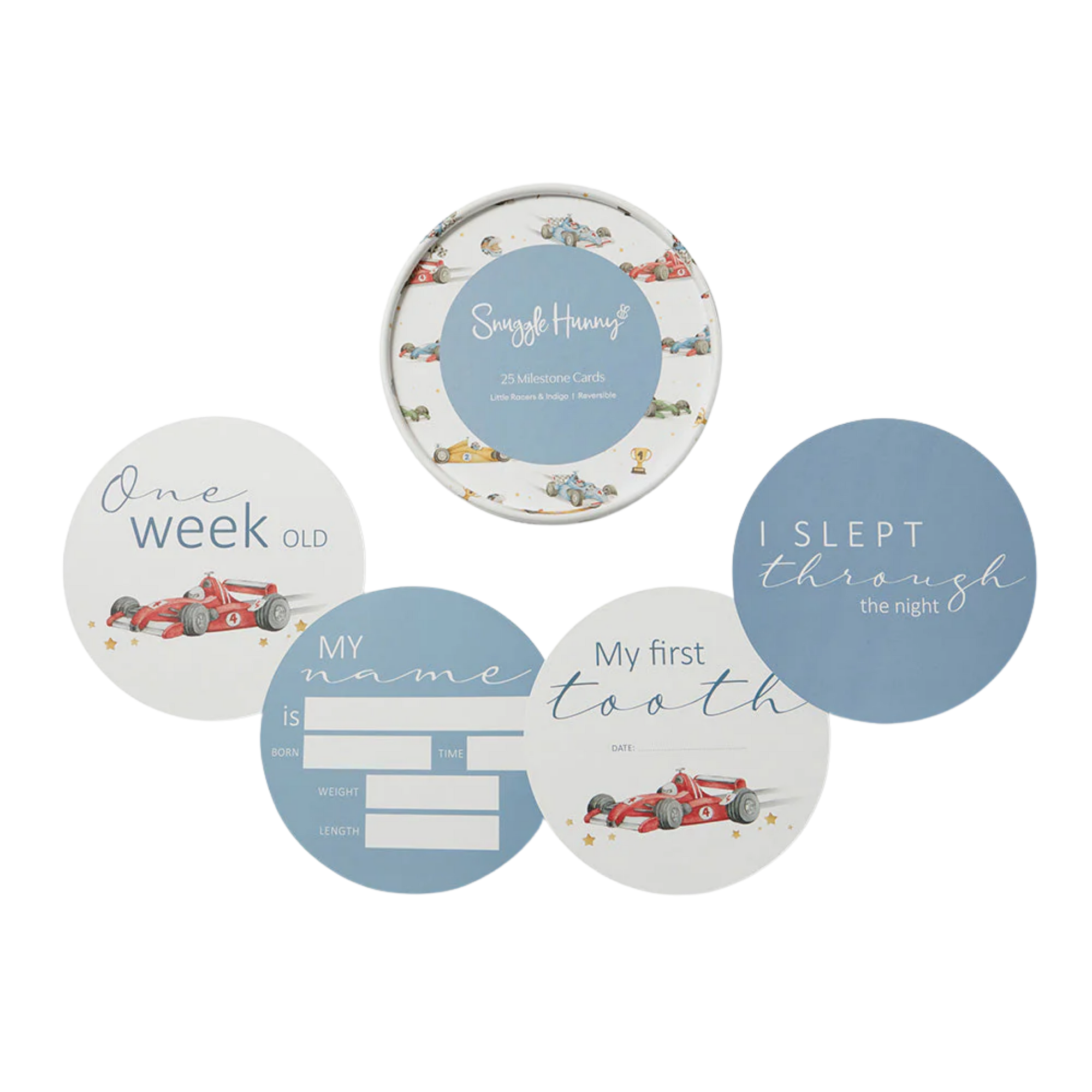 SNUGGLE HUNNY LITTLE RACERS & INDIGO REVERSIBLE MILESTONE CARDS