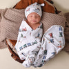 SNUGGLE HUNNY TRAINS ORGANIC JERSEY WRAP & BEANIE SET