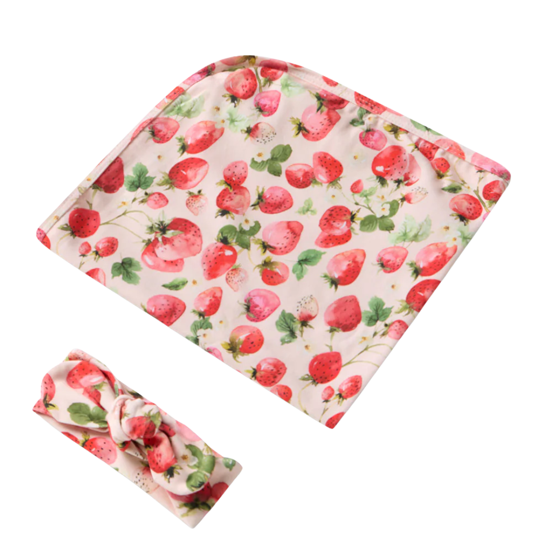 SNUGGLE HUNNY STRAWBERRY JERSEY WRAP & TOPKNOT SET